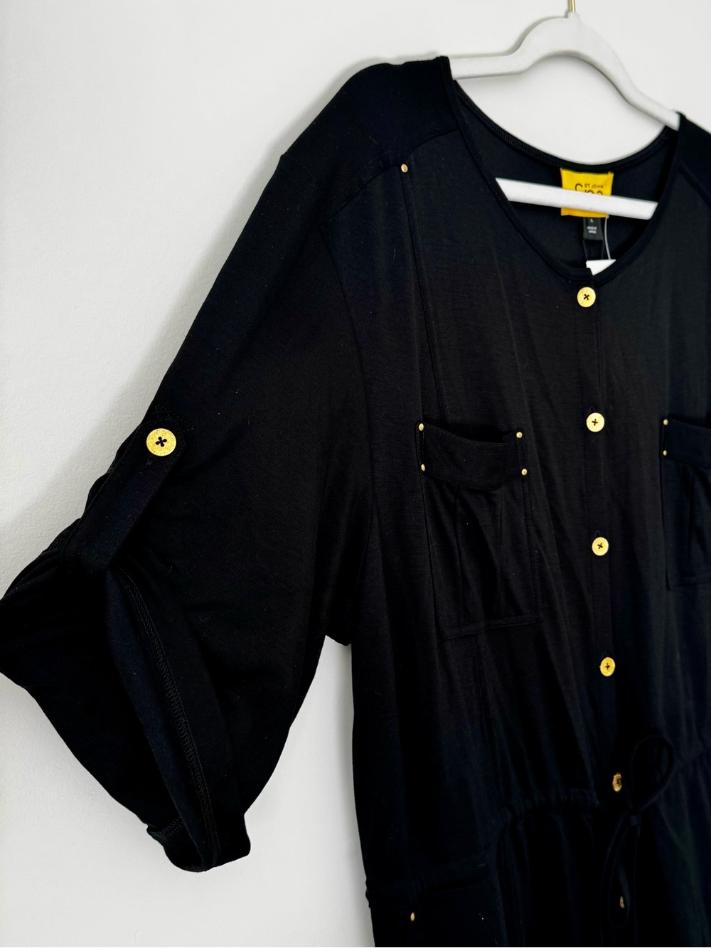 St. John Spa Button Down Short Sleeve Midi Tie Shirt Dress, Black – Large Flaw* - Picture 3 of 7